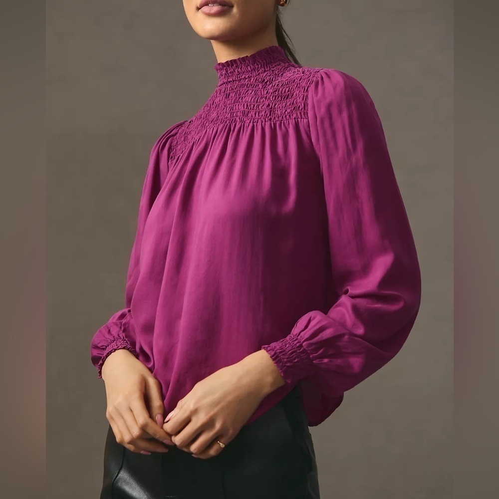 NWT Bella Dahl Estela Blouse Smocked Flowy Long Sleeve Magenta Pink Sz S